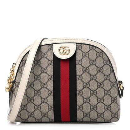 Gucci GG Supreme Monogram Textured Dollar Calfskin Web Small Ophidia Dome Shoulder Bag Beige Ebony Mystic White 1 of 9