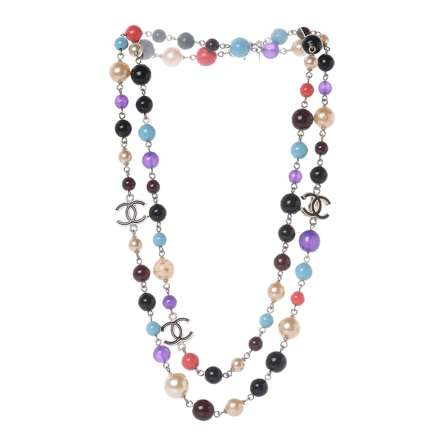 Chanel Pearl Beaded CC Long Necklace Gold Multicolor 3 of 9