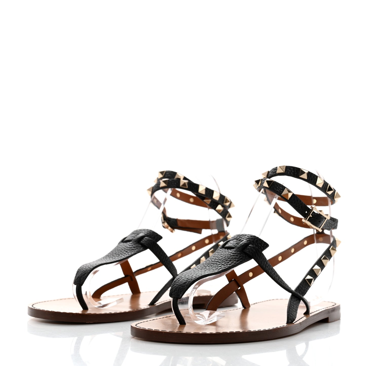 Calfskin Rockstud Ankle Wrap Flat Thong Sandals 39.5 Black