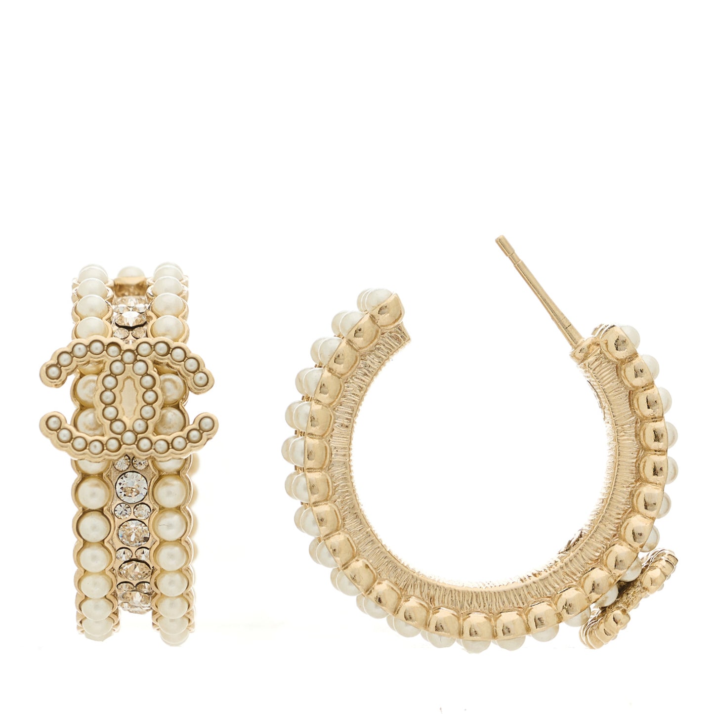 Pearl Crystal CC Hoop Earrings Gold Pearly White