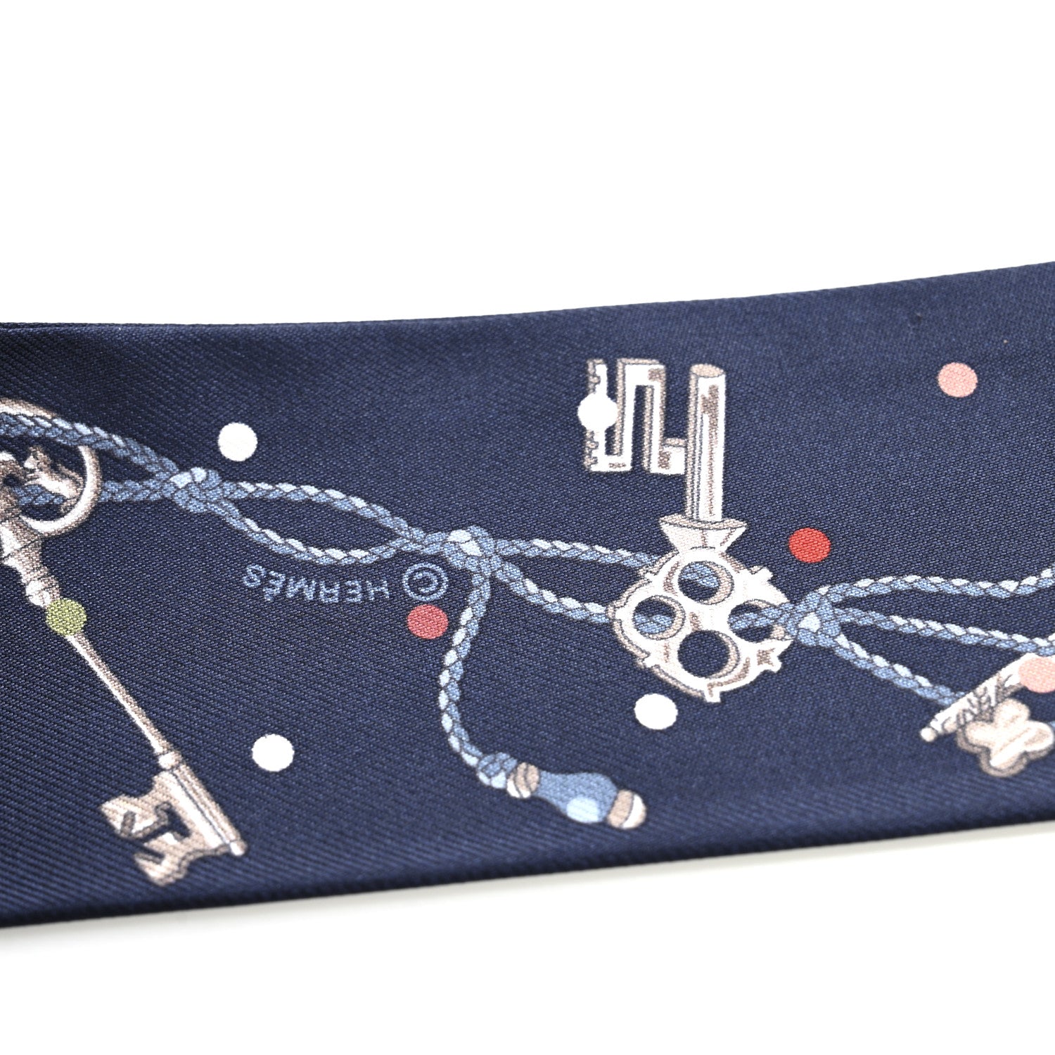 Hermes Silk Metallic Agneau Les Cles A Pois Fringed Twilly Bleu Marine Gris Argent Multicolor 4 of 4