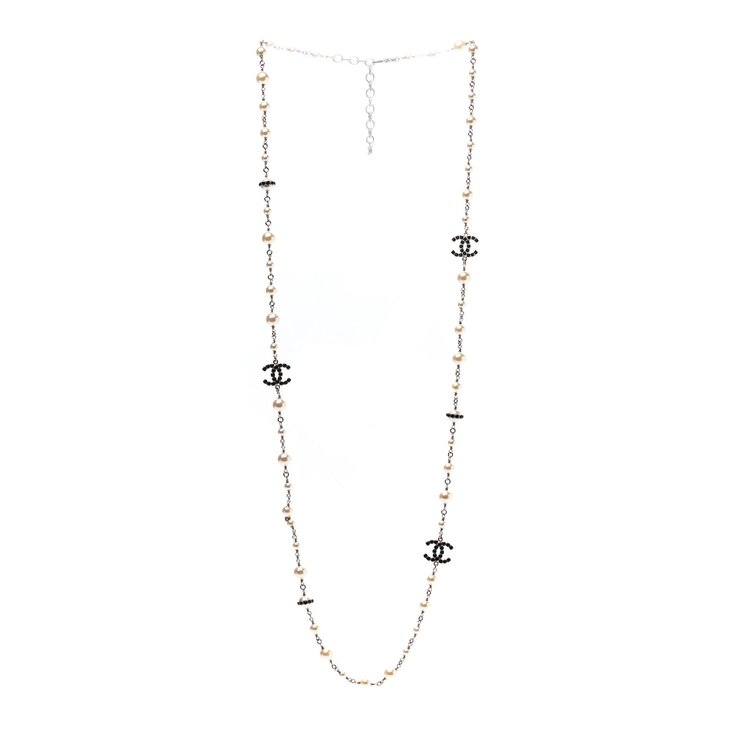 Pearl Crystal CC Long Necklace Black Gold