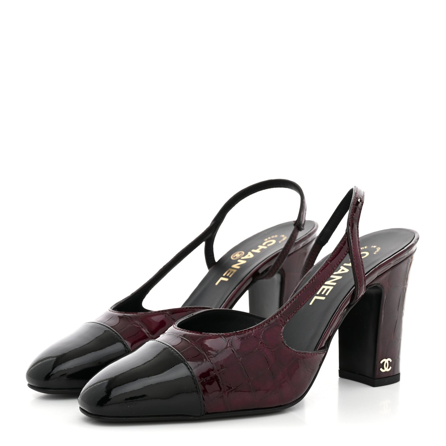 Patent Calfskin Crocodile Embossed Cap Toe CC Slingback 38 Dark Burgundy Black