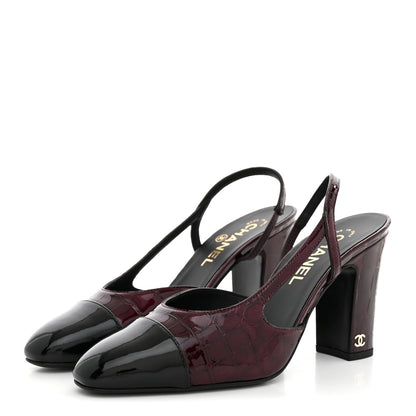 Chanel Patent Calfskin Crocodile Embossed Cap Toe CC Slingback 38 Dark Burgundy Black 4 of 10
