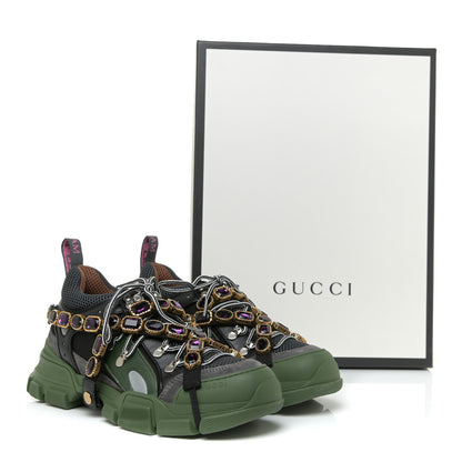 Gucci X SEGA Mesh Suede Calfskin Removable Crystals Mens Flashtrek Sneakers 7 Loess Black Olive Green 14 of 14