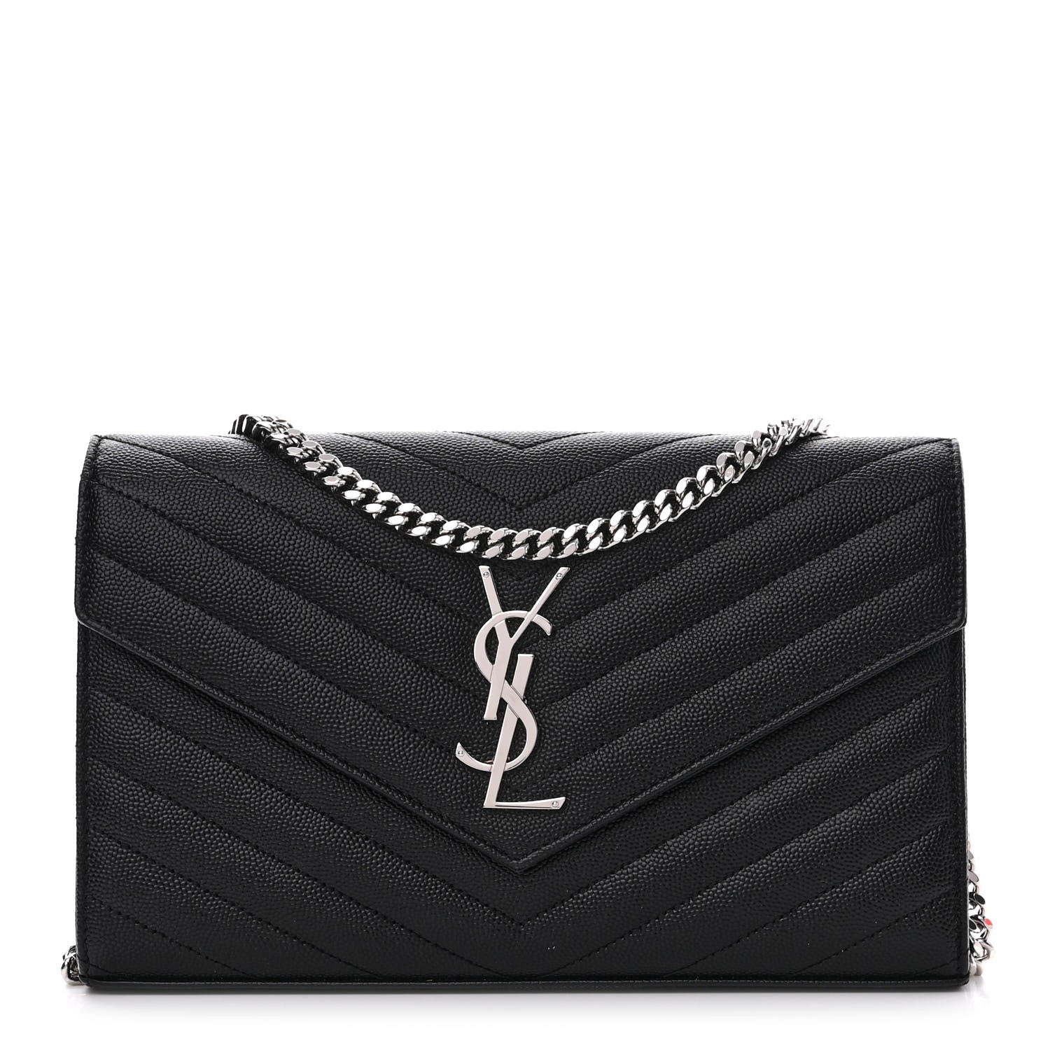 Saint Laurent Grain De Poudre Matelasse Chevron Monogram Chain Wallet Black 1 of 12