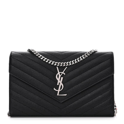 Saint Laurent Grain De Poudre Matelasse Chevron Monogram Chain Wallet Black 1 of 12