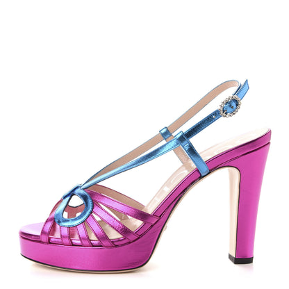 Gucci Metallic Nappa Crystal Zephyra Slingback Platform High Heel Sandals 40 Fuchsia Dark Turquoise 1 of 9