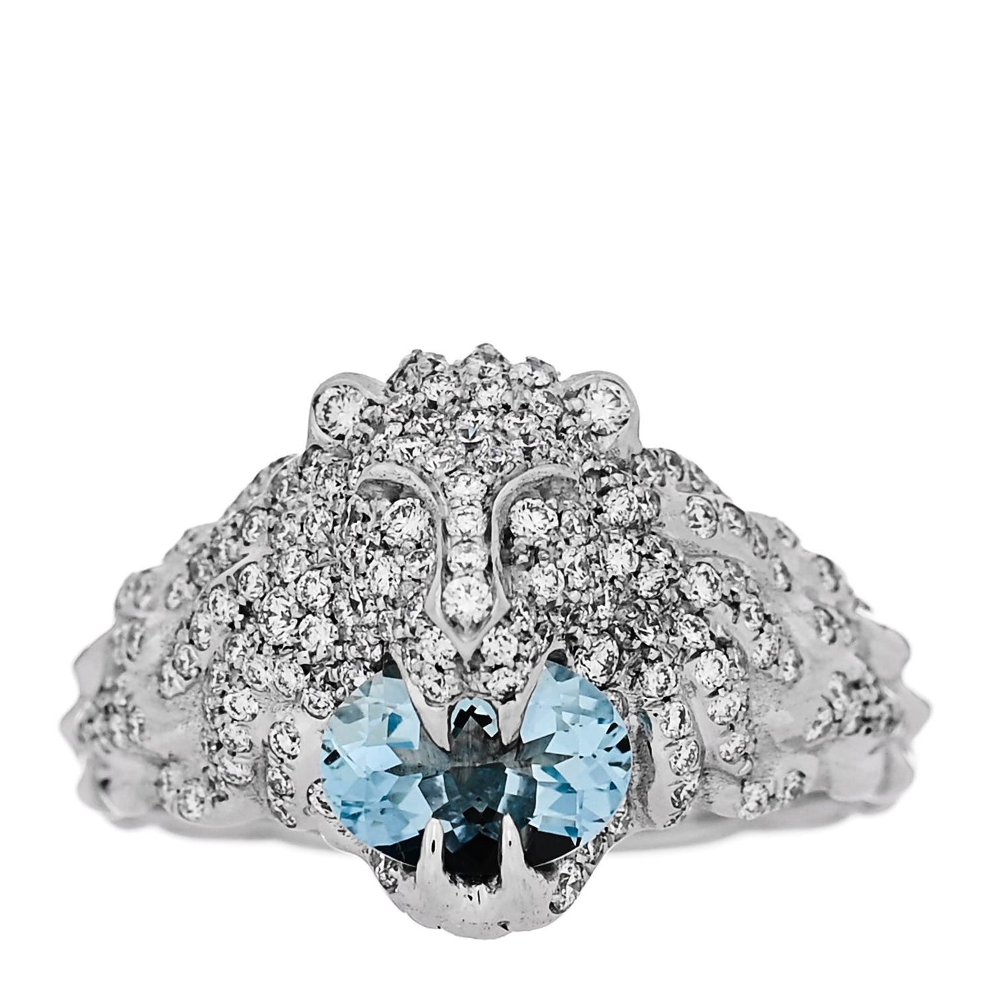 18K White Gold Diamond Aquamarine Pave Lion Head Ring 52 6
