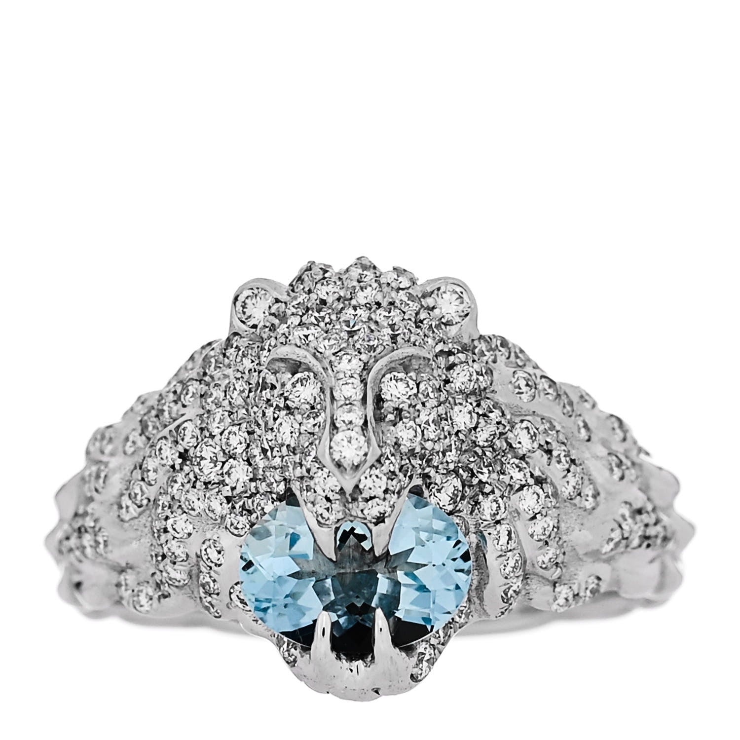 Gucci 18K White Gold Diamond Aquamarine Pave Lion Head Ring 52 6 1 of 6