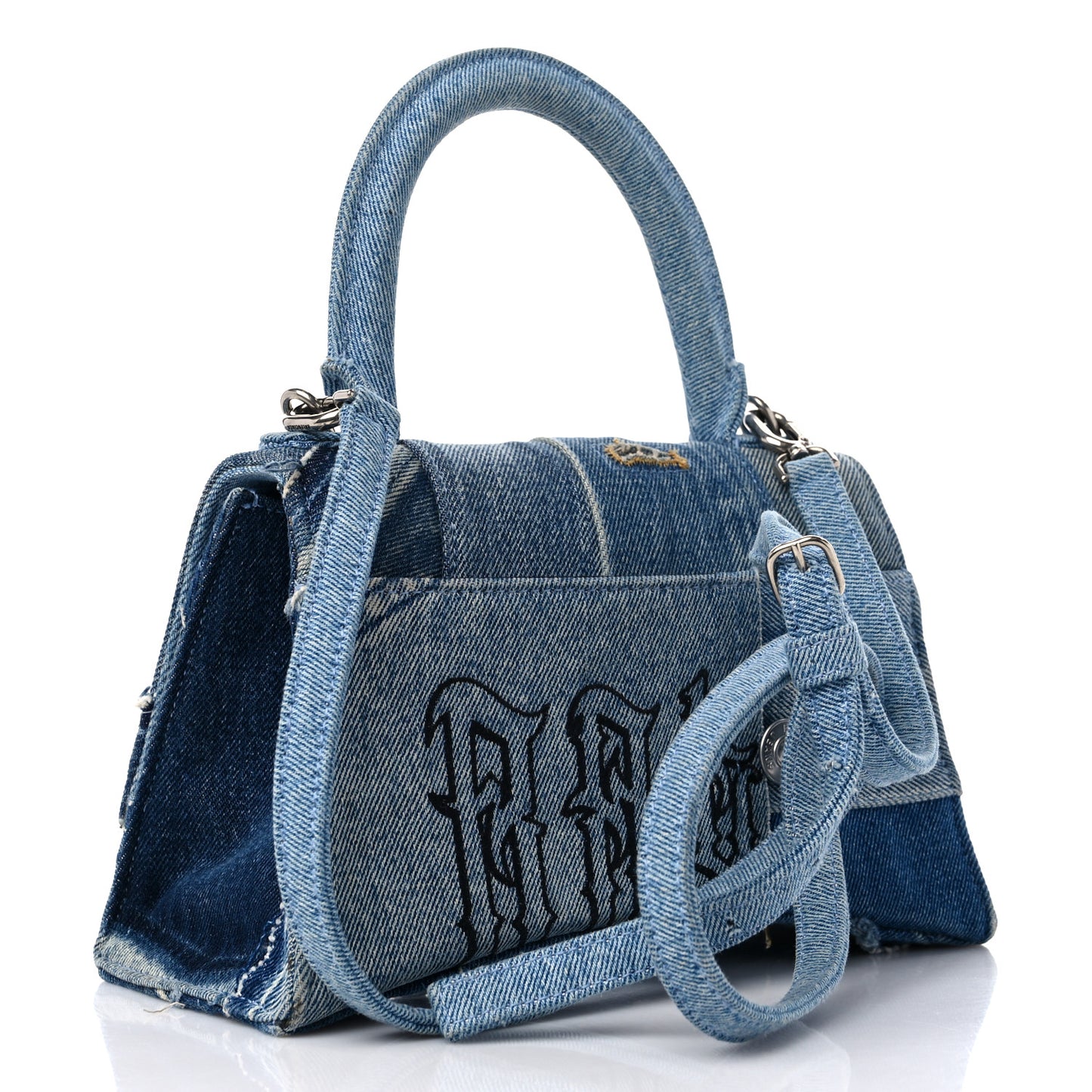 Denim Patchwork Small Hourglass Top Handle Bag Washed Blue
