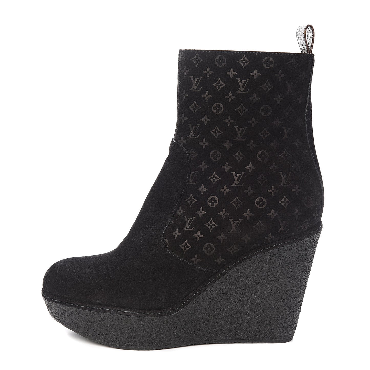 Monogram Embossed Suede Wedge Low Boots 38.5 Black