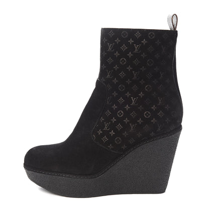 Louis Vuitton Monogram Embossed Suede Wedge Low Boots 38.5 Black 1 of 8