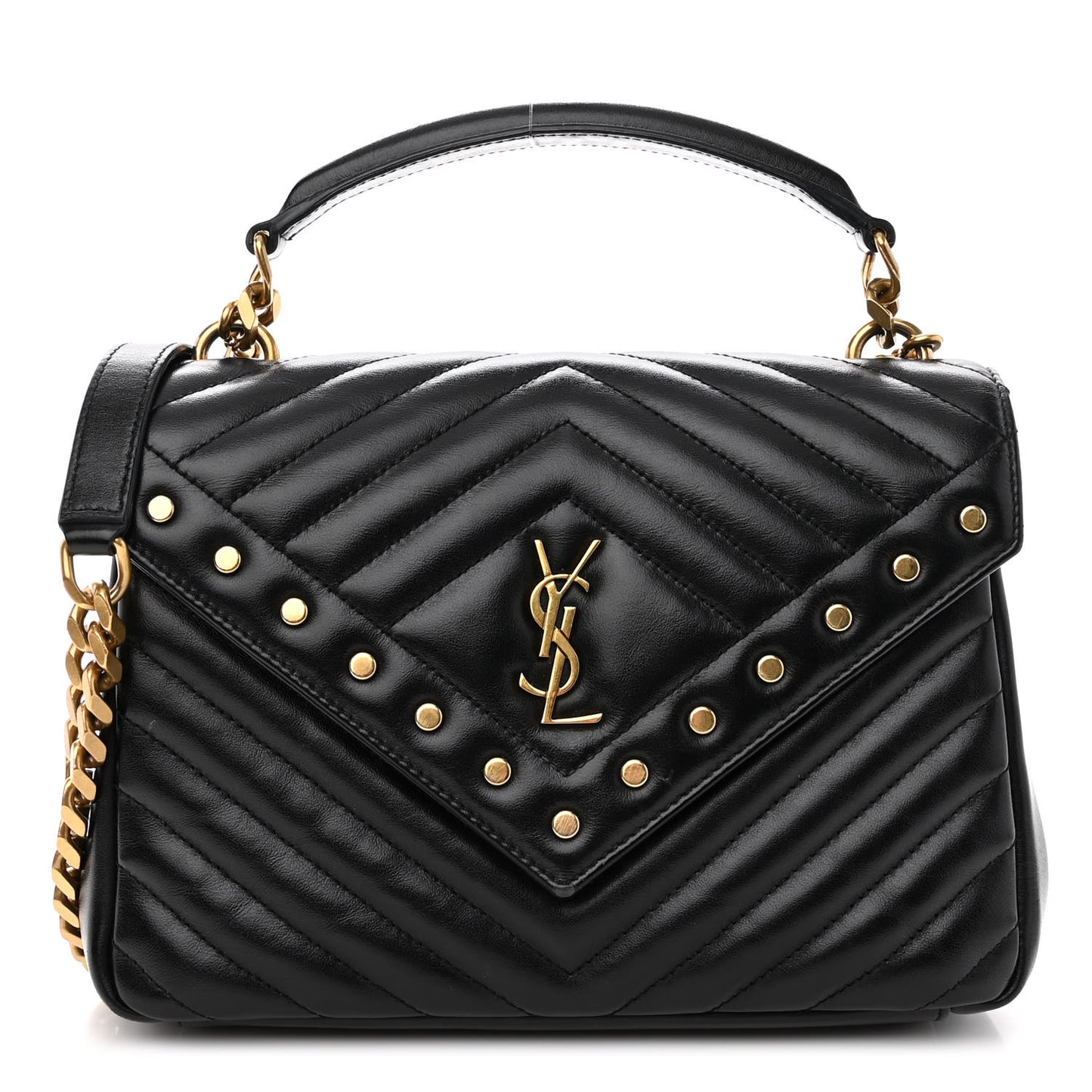 Calfskin Matelasse Chevron Studded Monogram Medium College Bag Black