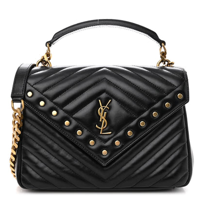 Saint Laurent Calfskin Matelasse Chevron Studded Monogram Medium College Bag Black 1 of 10