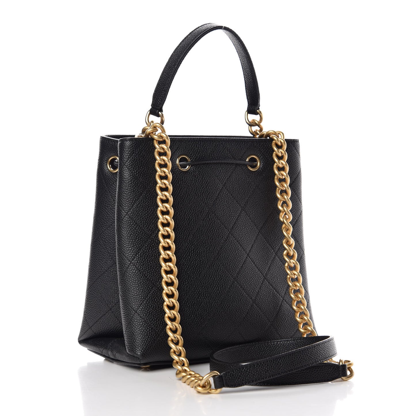 Grained Calfskin Stitched Small Drawstring Bag Black