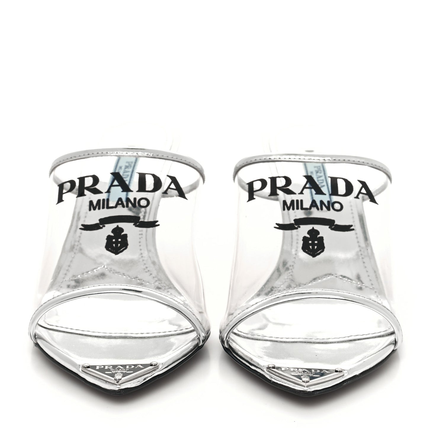 Plexiglass Metallic Calfskin Metal Triangle Logo 75mm Slide Sandals 35 Argento