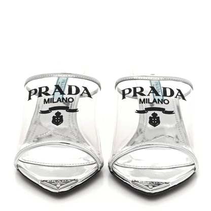 Prada Plexiglass Metallic Calfskin Metal Triangle Logo 75mm Slide Sandals 35 Argento 2 of 8