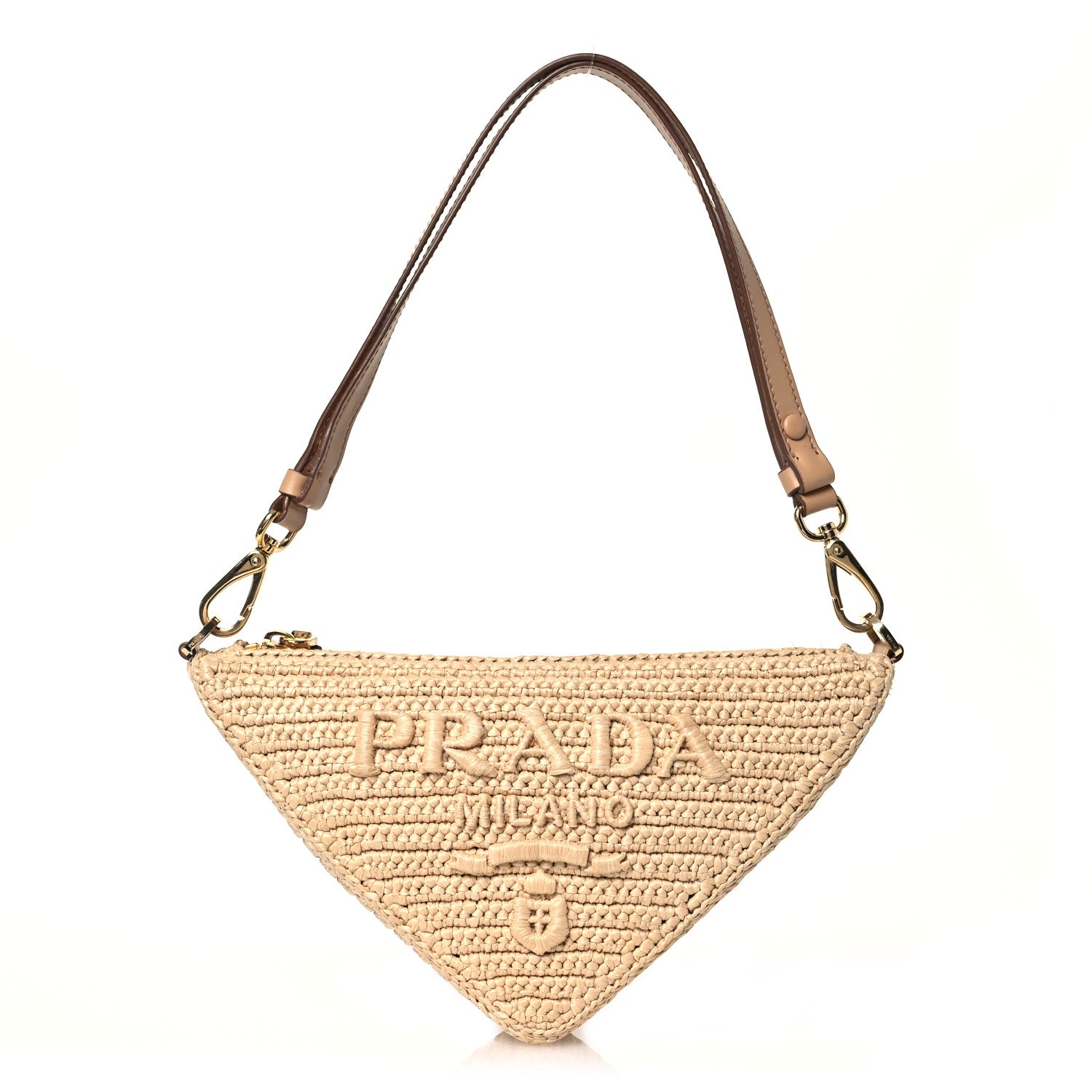 Prada Raffia Effect Crochet Metal Triangle Logo Mini Triangle Shoulder Bag Naturale 1 of 15
