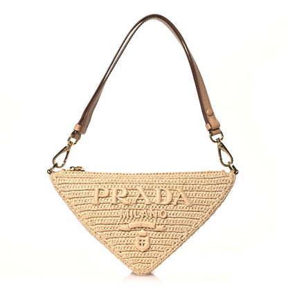 Prada Raffia Effect Crochet Metal Triangle Logo Mini Triangle Shoulder Bag Naturale 1 of 15