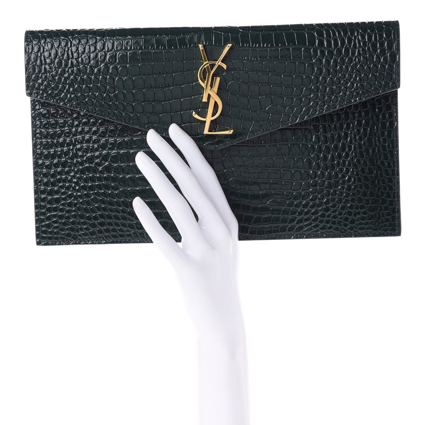 Calfskin Crocodile Embossed Uptown Monogram Clutch Dark Green