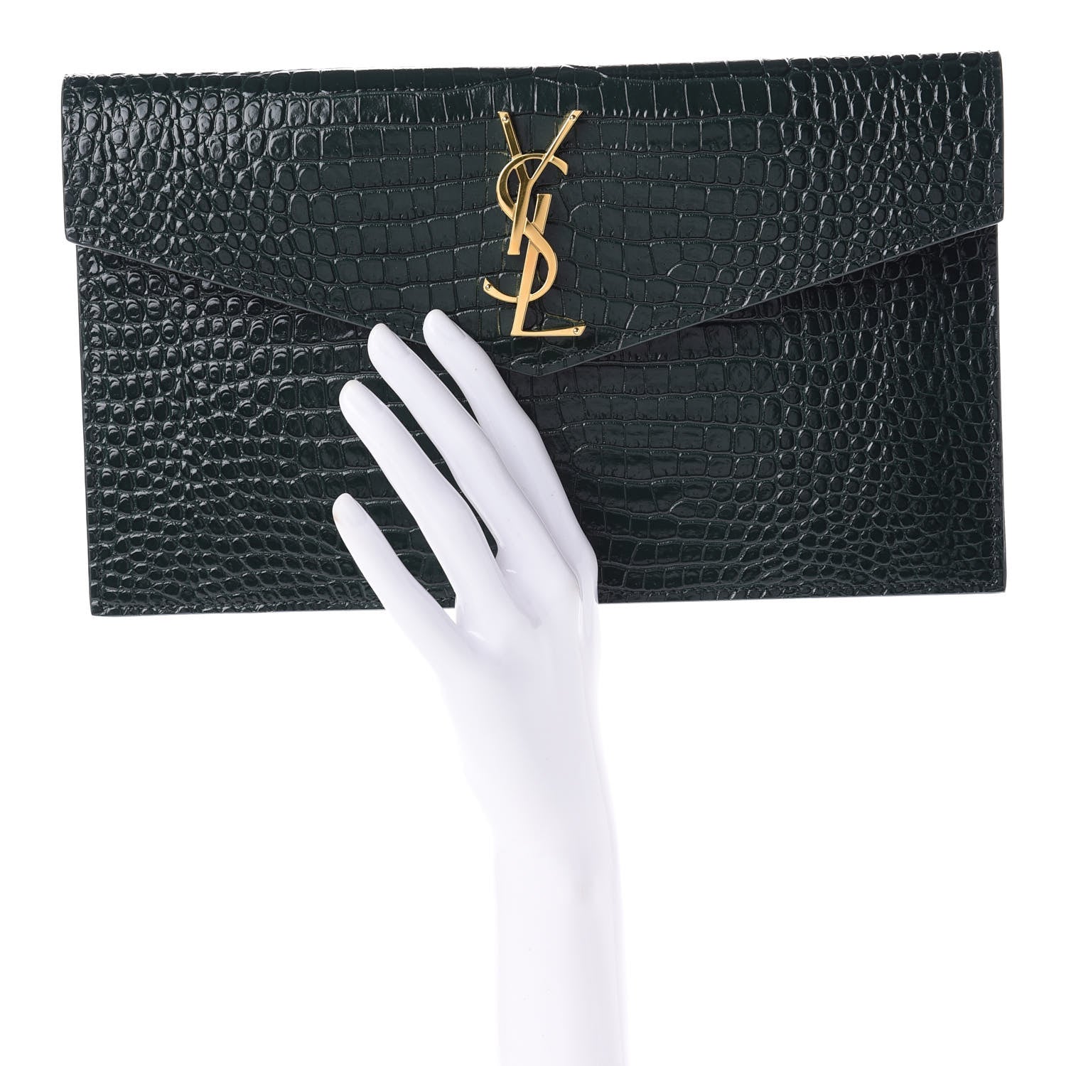 Saint Laurent Calfskin Crocodile Embossed Uptown Monogram Clutch Dark Green 2 of 9