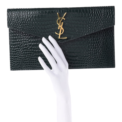 Saint Laurent Calfskin Crocodile Embossed Uptown Monogram Clutch Dark Green 2 of 9