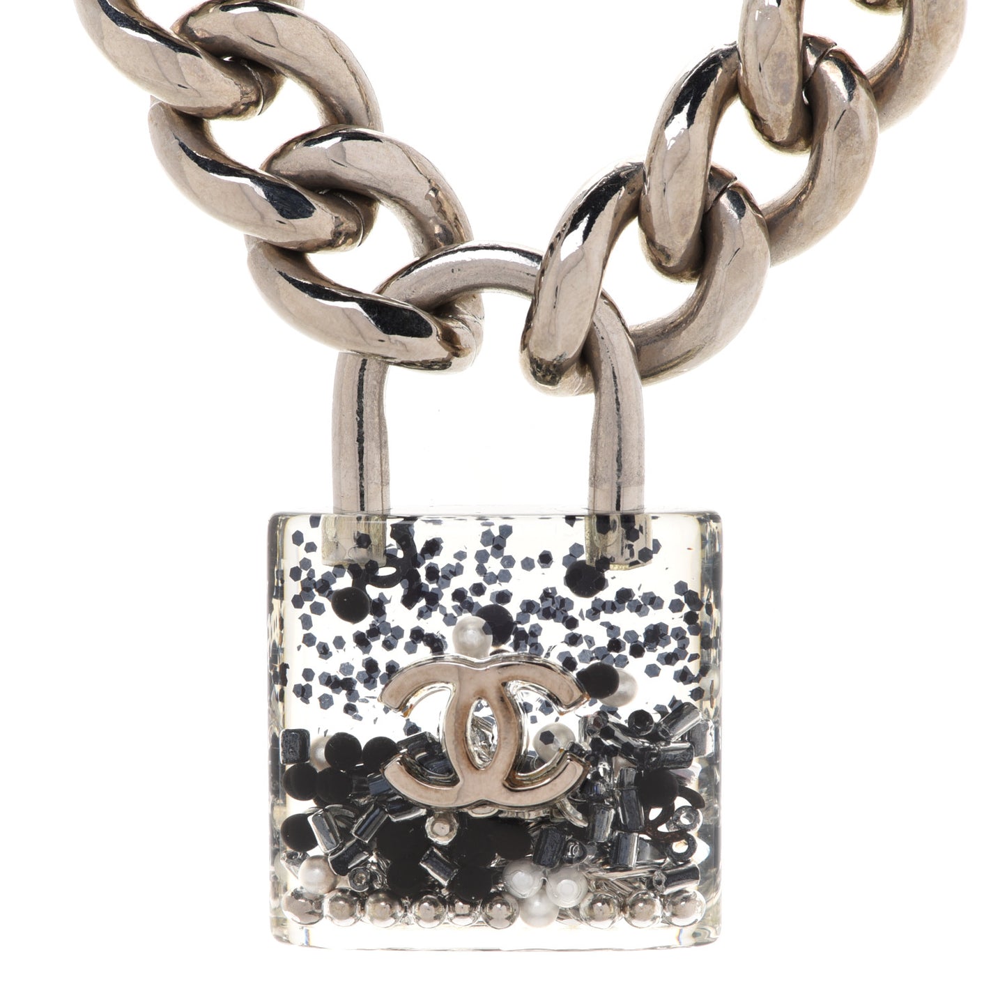 Resin CC Oversized Padlock Chain Necklace Silver Pearly White