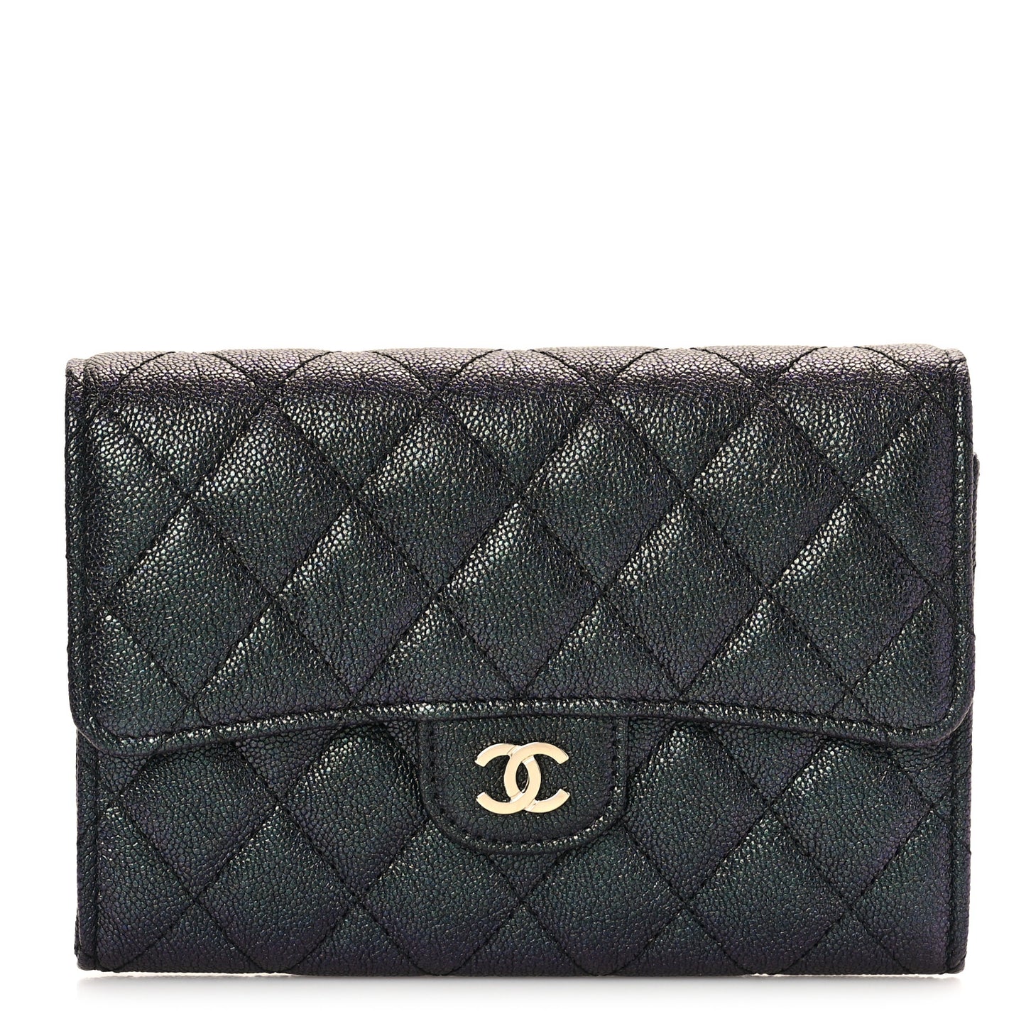 Iridescent Caviar Quilted Large Gusset Flap Wallet Black