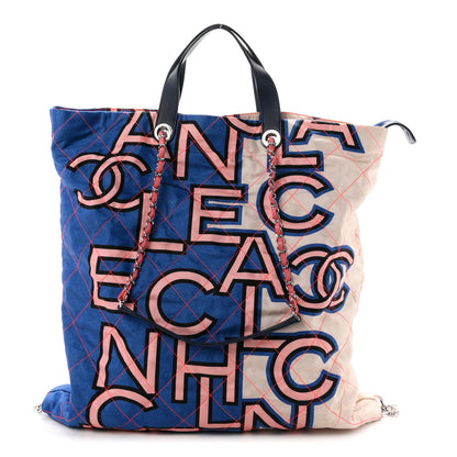Chanel Nylon Stitched Printed Logo Shopping Bag Blue Multicolor 1 of 9
