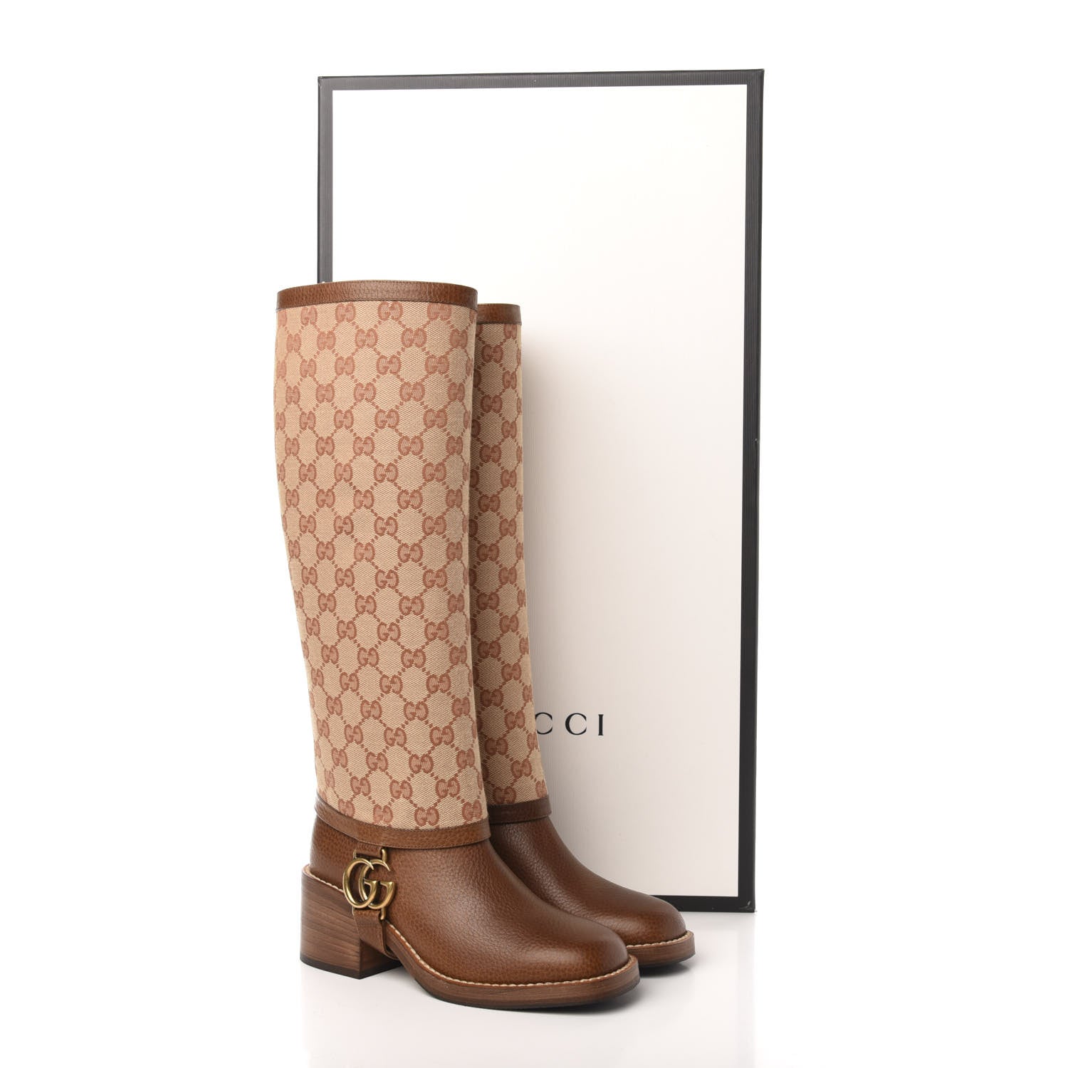 Gucci GG Monogram Calfskin Lola Tall Boots 34 Beige Ruggine Cuir 9 of 9