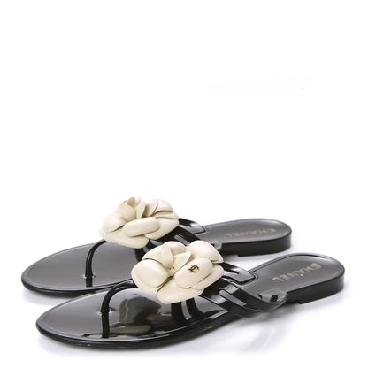 Chanel Jelly Camellia Thong Sandals 39 Black Ivory 3 of 8