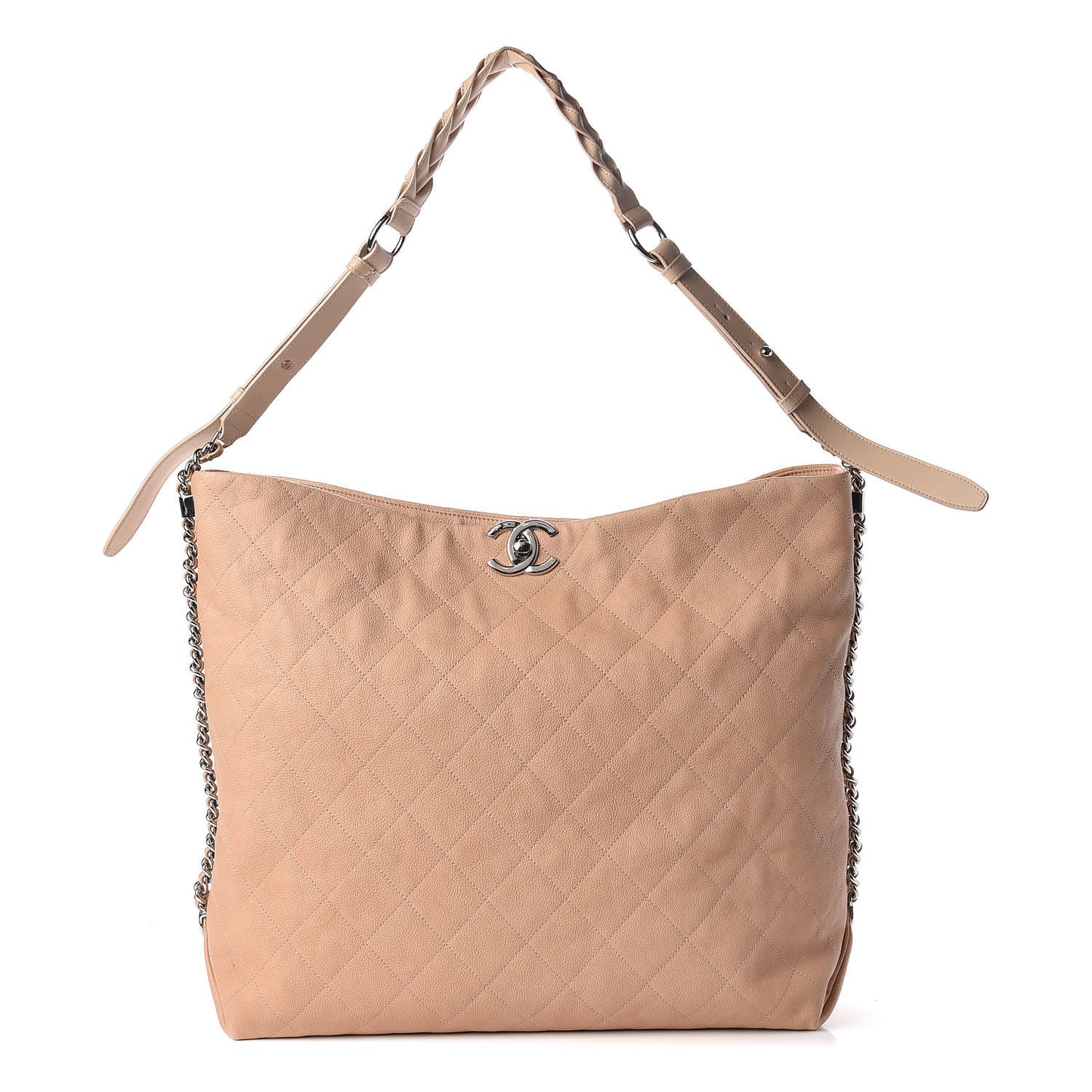 Grained Calfskin Stitched Large Braided With Style Hobo Beige