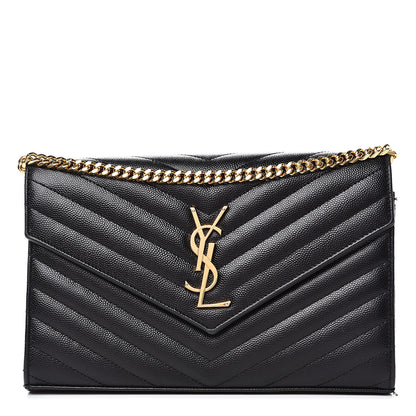 Saint Laurent Grain De Poudre Matelasse Chevron Monogram Chain Wallet Black 1 of 11