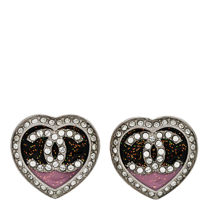 Chanel Resin Crystal Glitter CC Heart Stud Earrings Silver Black Pink 1 of 4