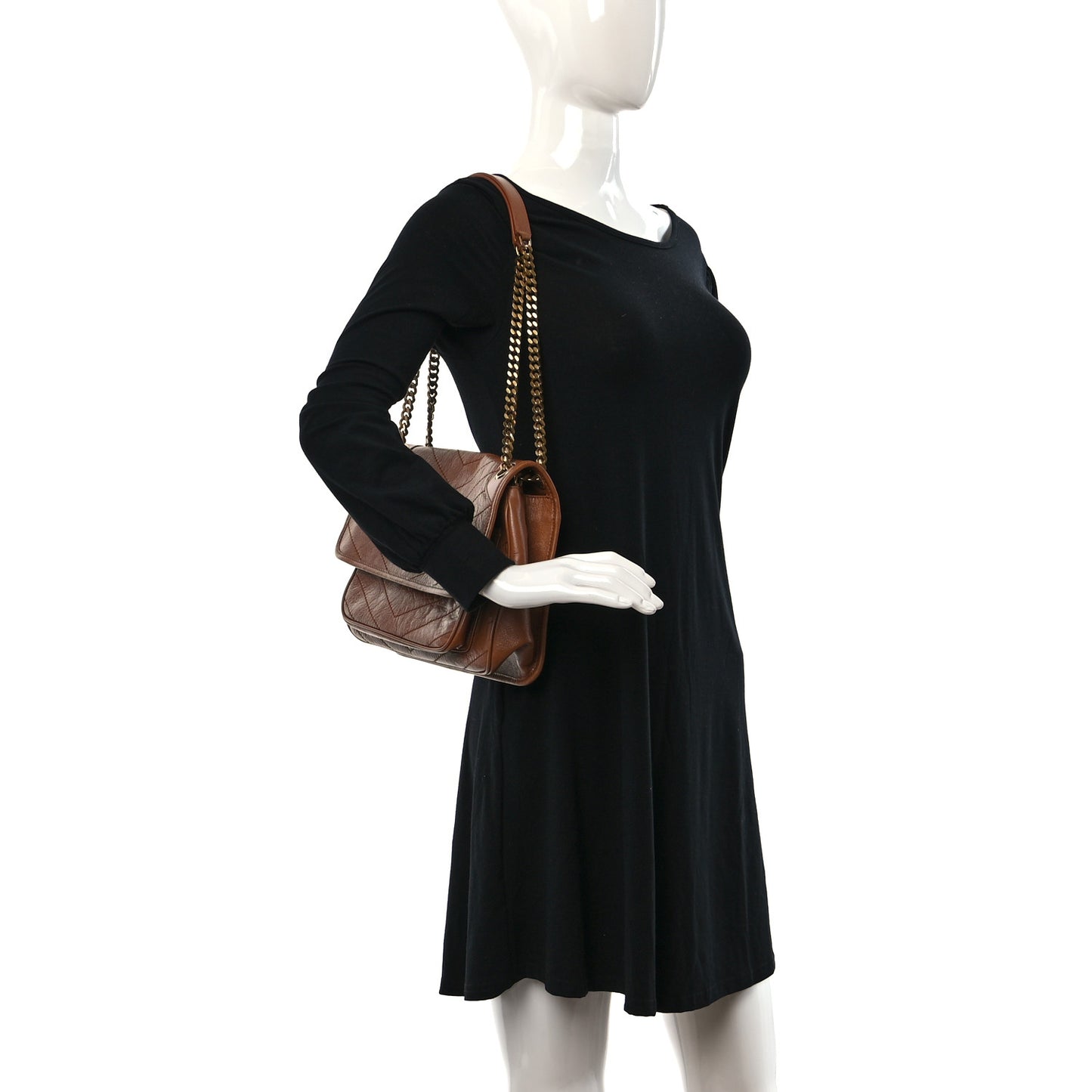 Crinkled Calfskin Matelasse Monogram Medium Niki Chain Satchel Caramel