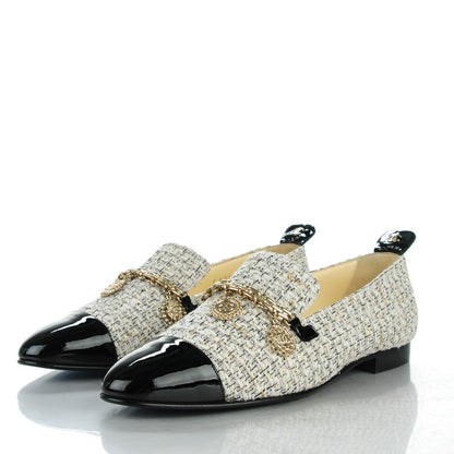 Chanel Tweed Patent Cap Toe CC Charm Loafers 37 Ecru Black Gold 3 of 9