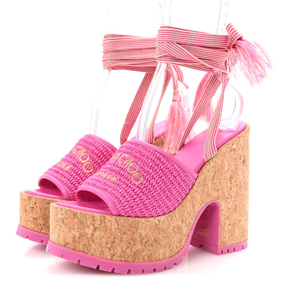 Jimmy Choo Raffia Embroidered Gal 130 Wedge Sandals 40 Fuchsia 4 of 8