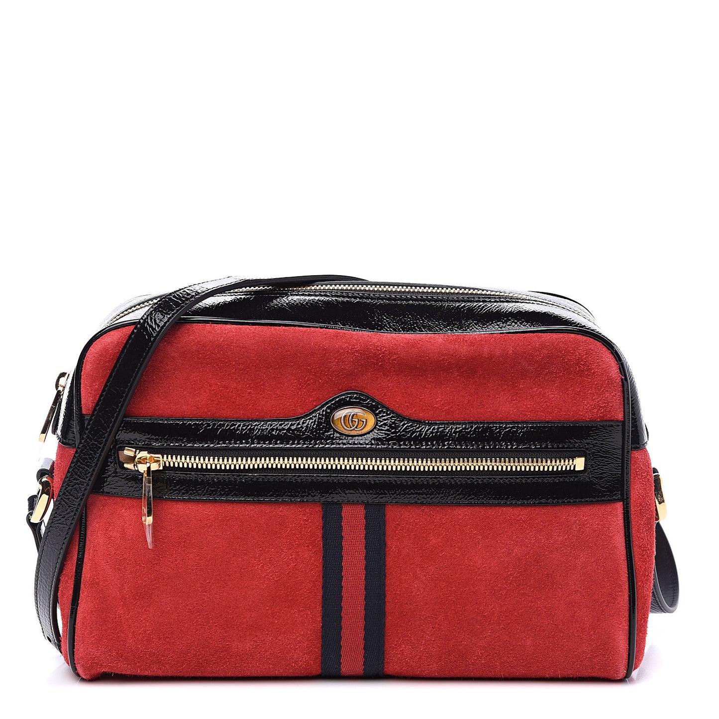 Suede Patent Web Small Ophidia Shoulder Bag Hibiscus Red Black