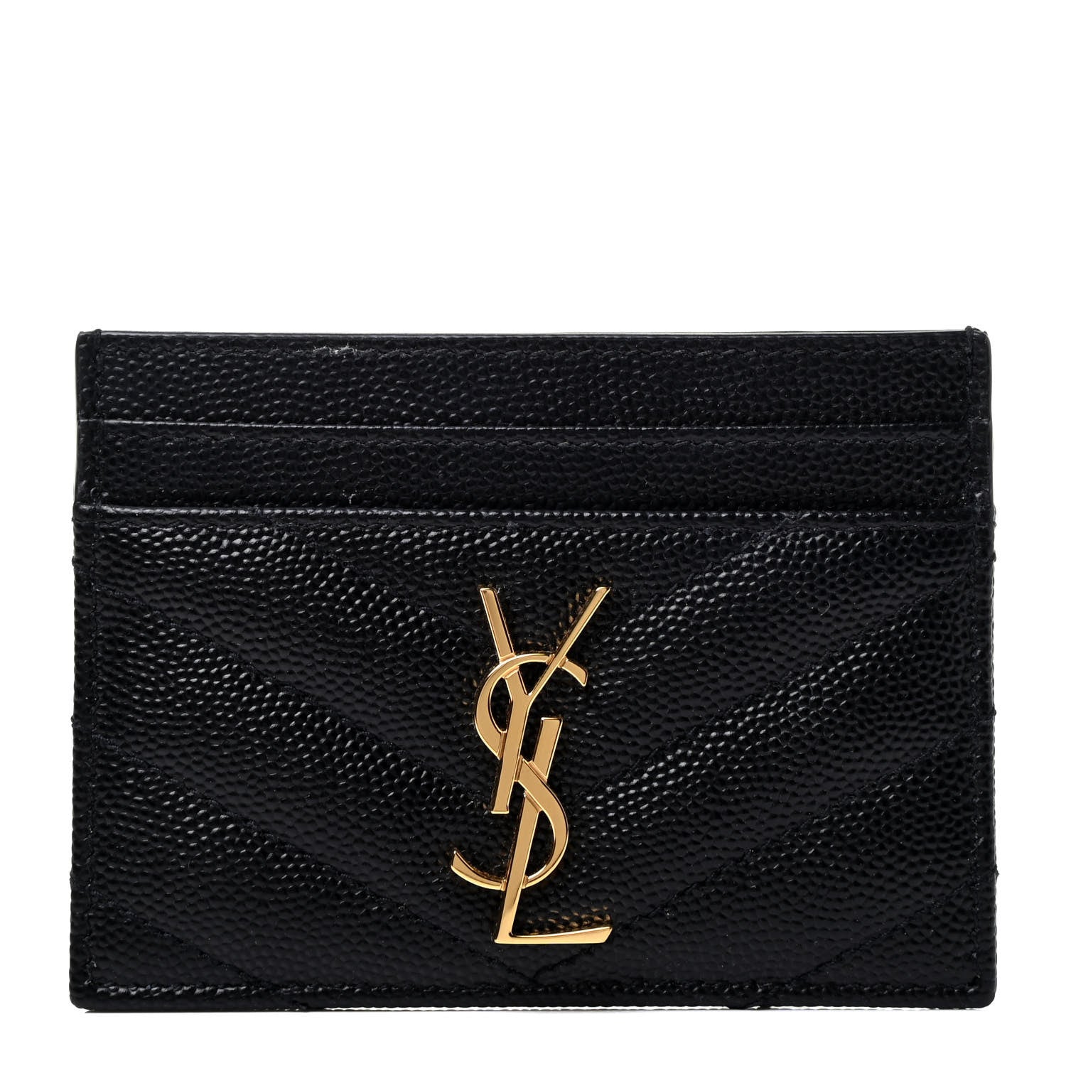 Saint Laurent Grain De Poudre Matelasse Chevron Monogram Credit Card Case Black 1 of 4