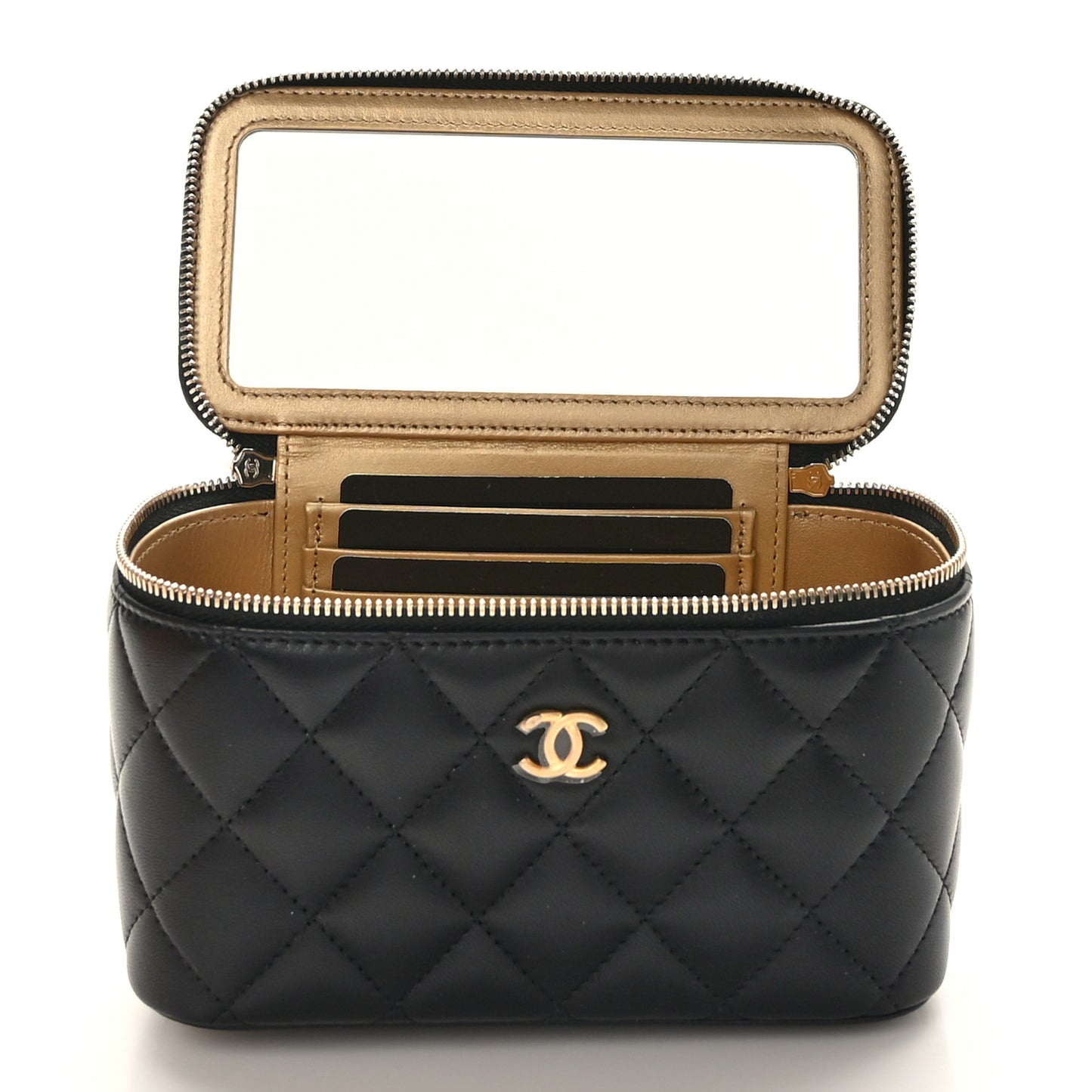 Lambskin Quilted Pearl Crush Small Vanity Case With Chain Black