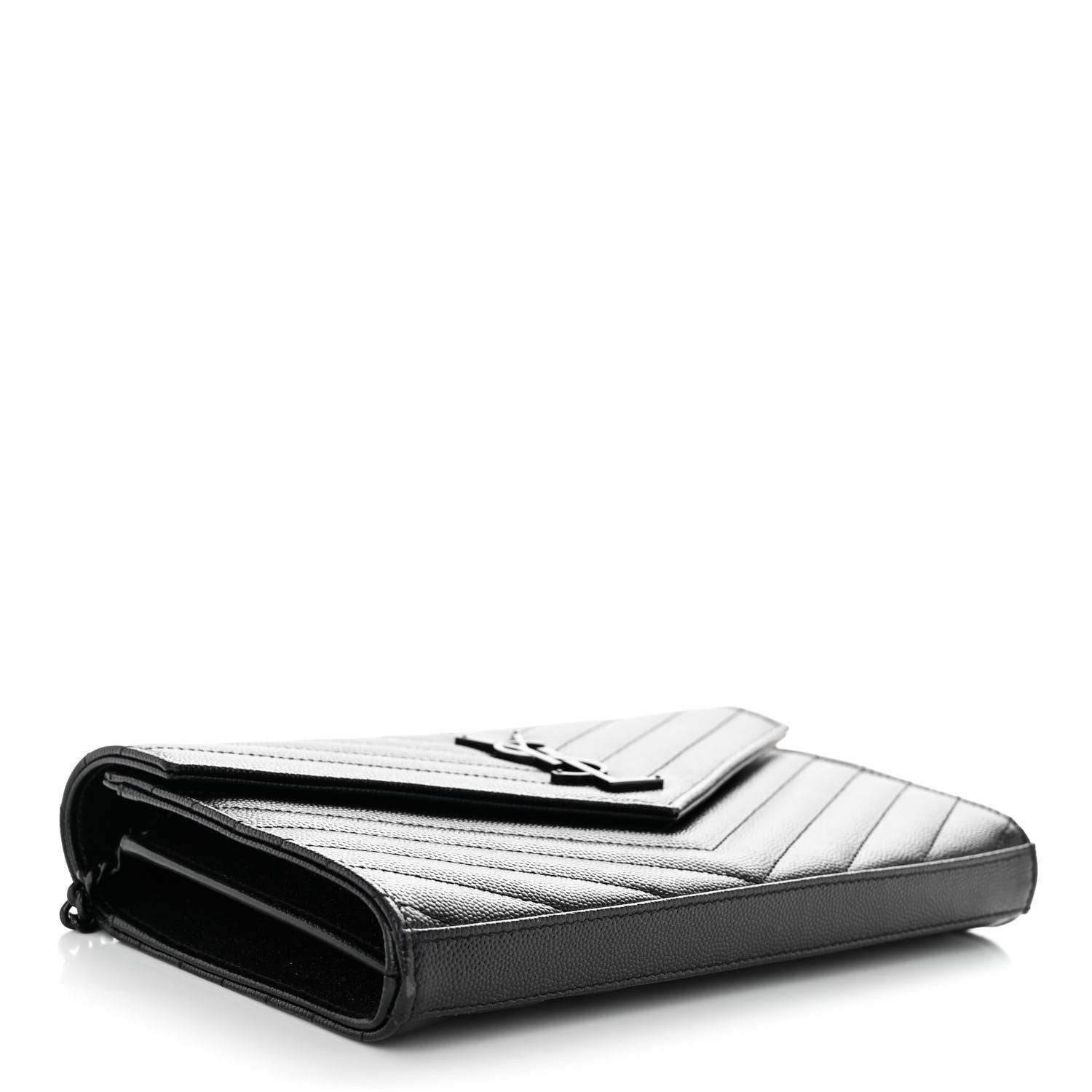 Saint Laurent Grain De Poudre Matelasse Chevron Monogram Monochrome Chain Wallet Black 3 of 9