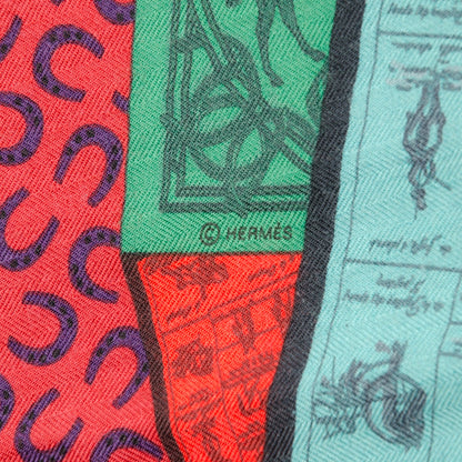 Hermes Cashmere Silk A Cheval Sur Mon Carre Shawl GM 140 Marine Rouge Vert 5 of 5