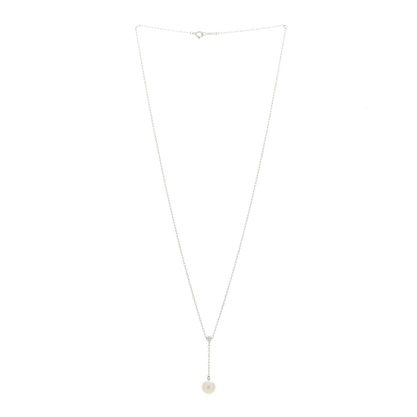 18K White Gold Akoya Pearl Diamond 7-7.5mm Drop Pendant Necklace