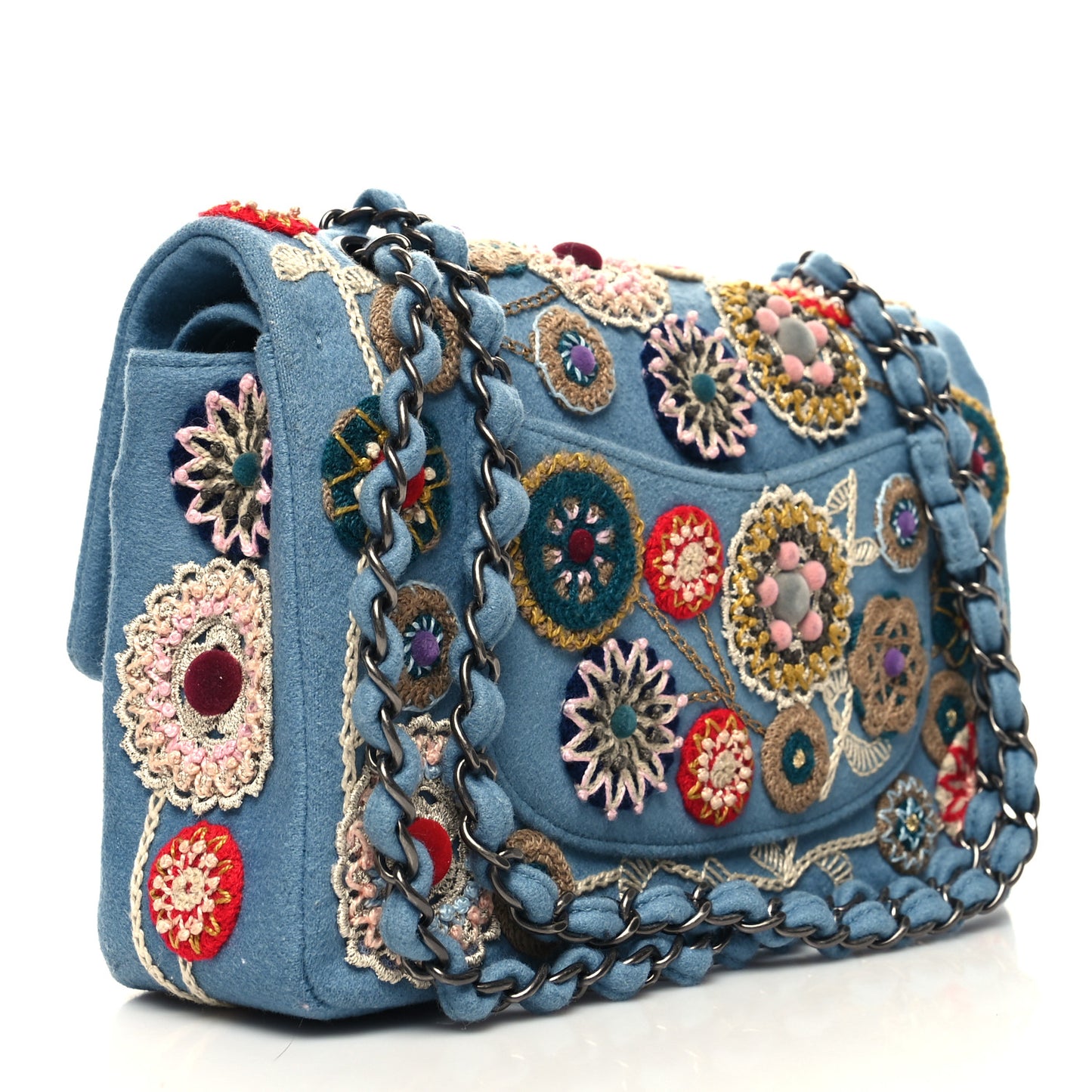 Felt Flower Embroidered Medium Double Flap Blue Multicolor