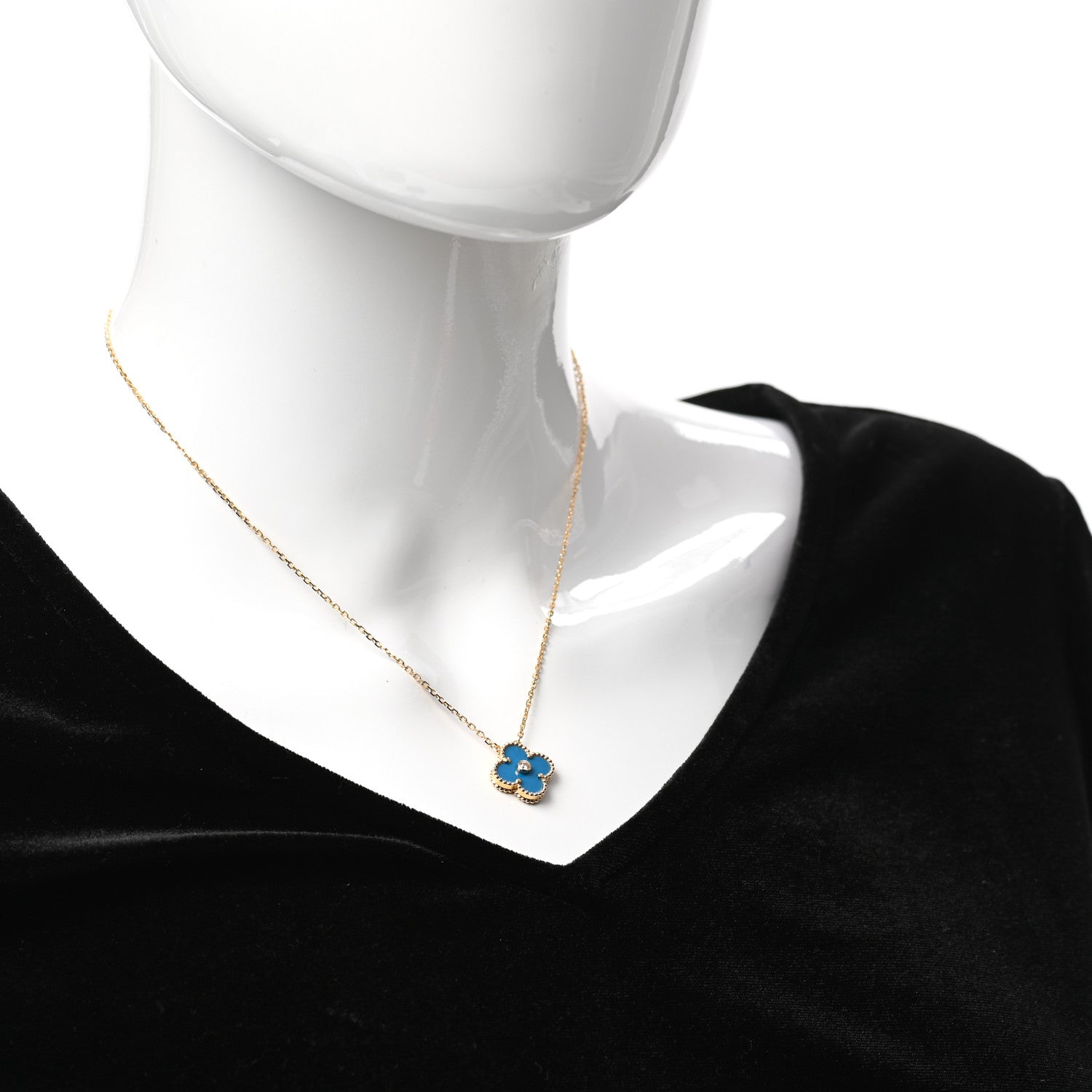 Van Cleef & Arpels 18K Yellow Gold Diamond Celestial Blue Sevres Porcelain Vintage Alhambra Pendant Necklace 2 of 7