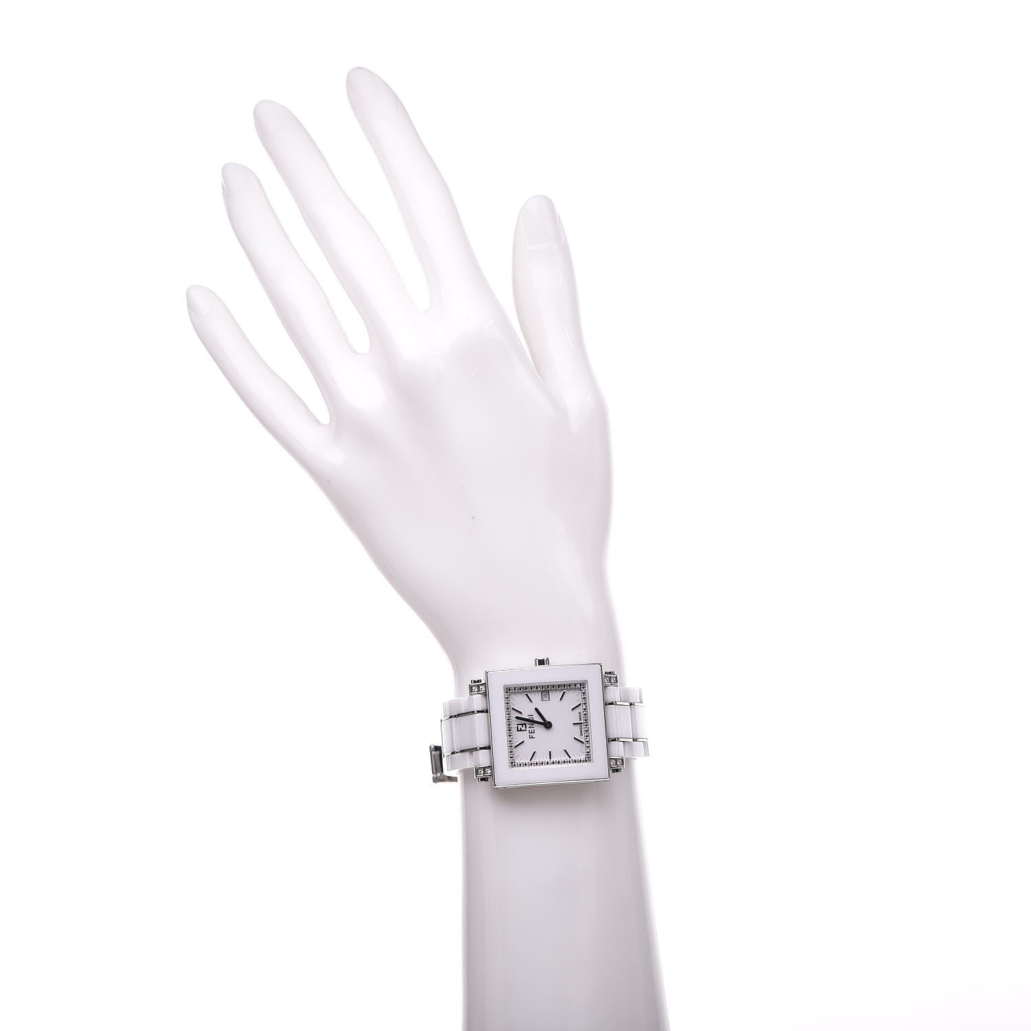 Fendi Stainless Steel Ceramic Diamond Bezel 30mm Quadro Quartz Watch White 2 of 7