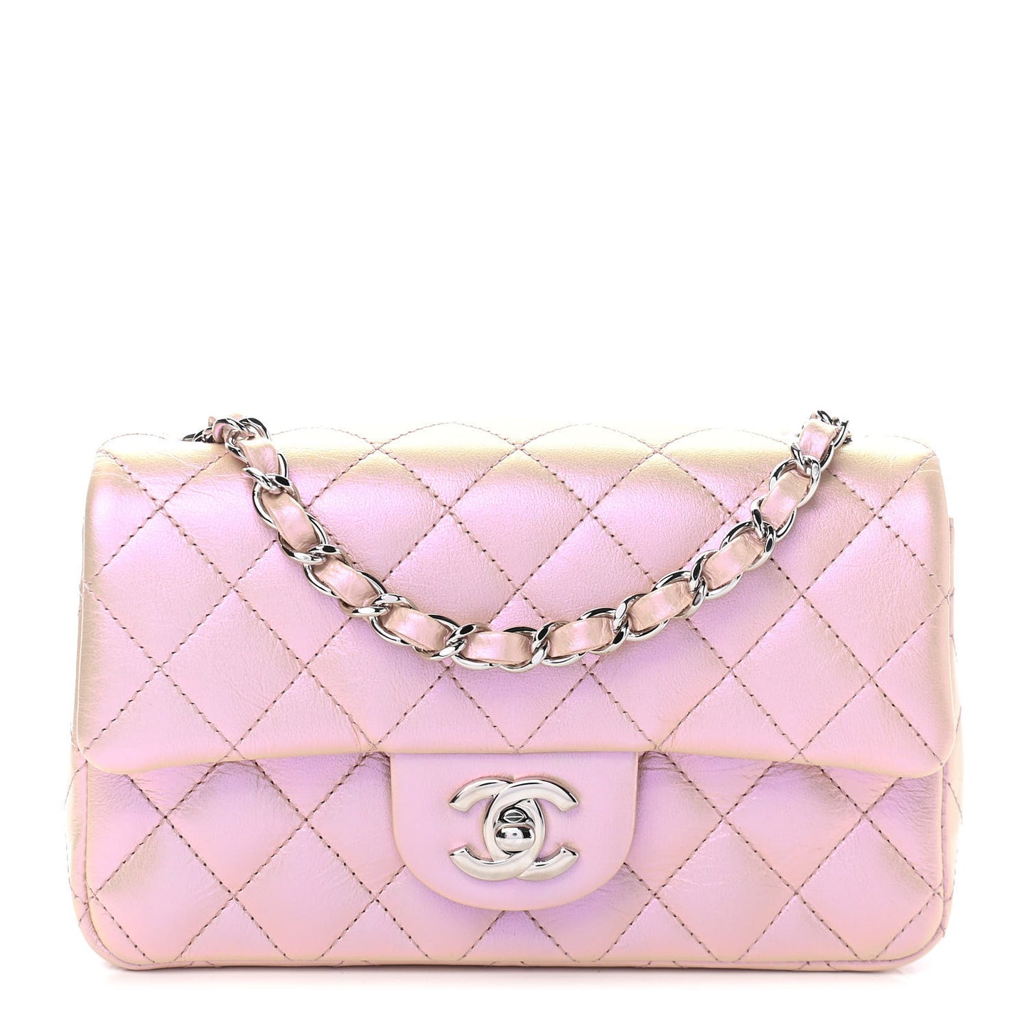 Iridescent Calfskin Quilted Mini Rectangular Flap Pink