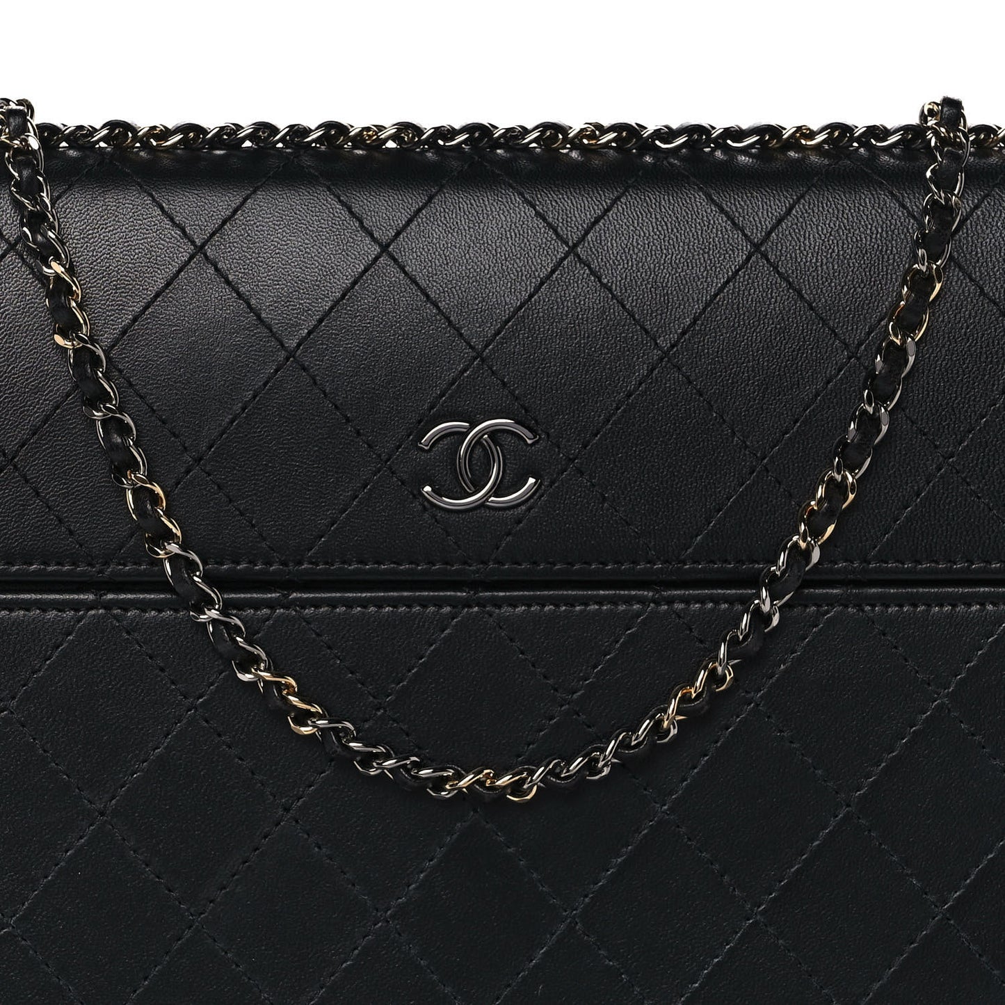 Lambskin Quilted Chain Around Tablet Holder Crossbody Black