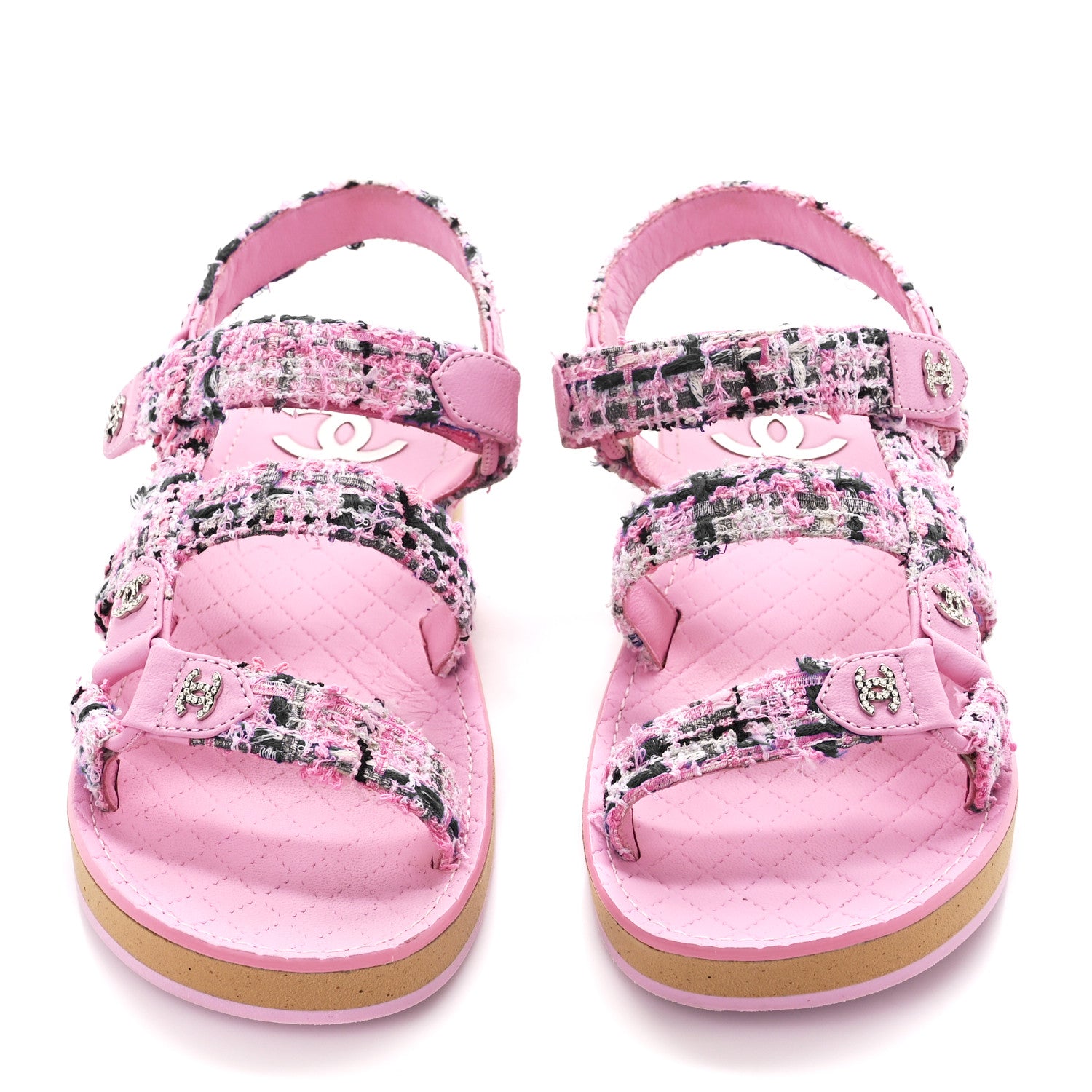 Chanel Tweed Lambskin Crystal CC Sandals 38 Pink Multicolor 2 of 8